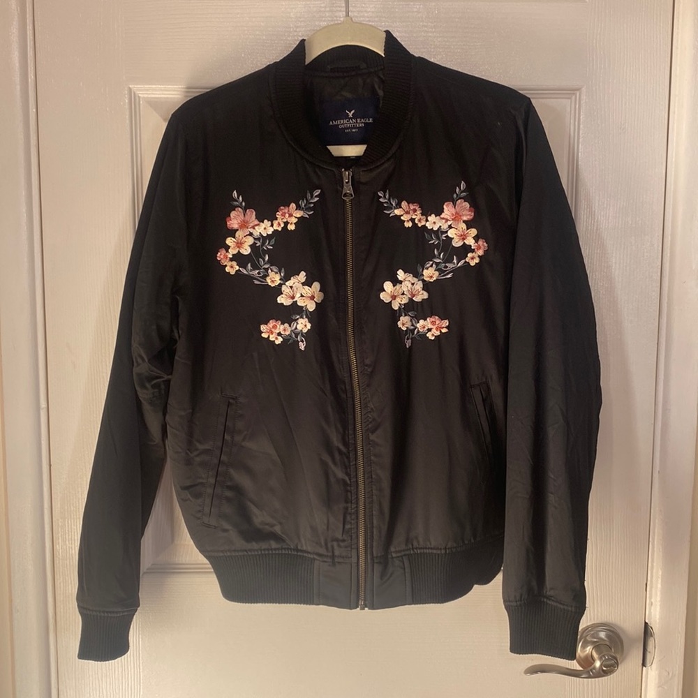 American Eagle bomber jacket with embroidered cherry blossoms